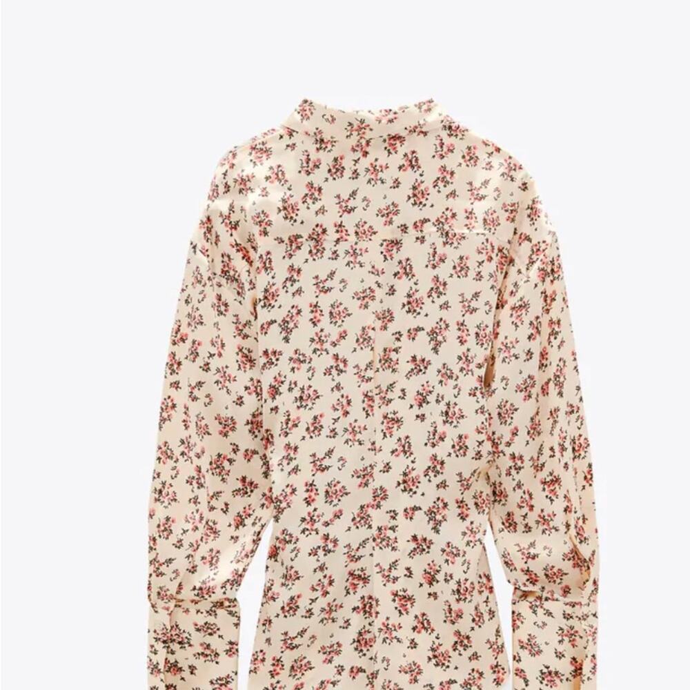 Zara Beige Cream Floral Satin Long Sleeve Button Down Shirt Blouse Size XS - Picture 16 of 16